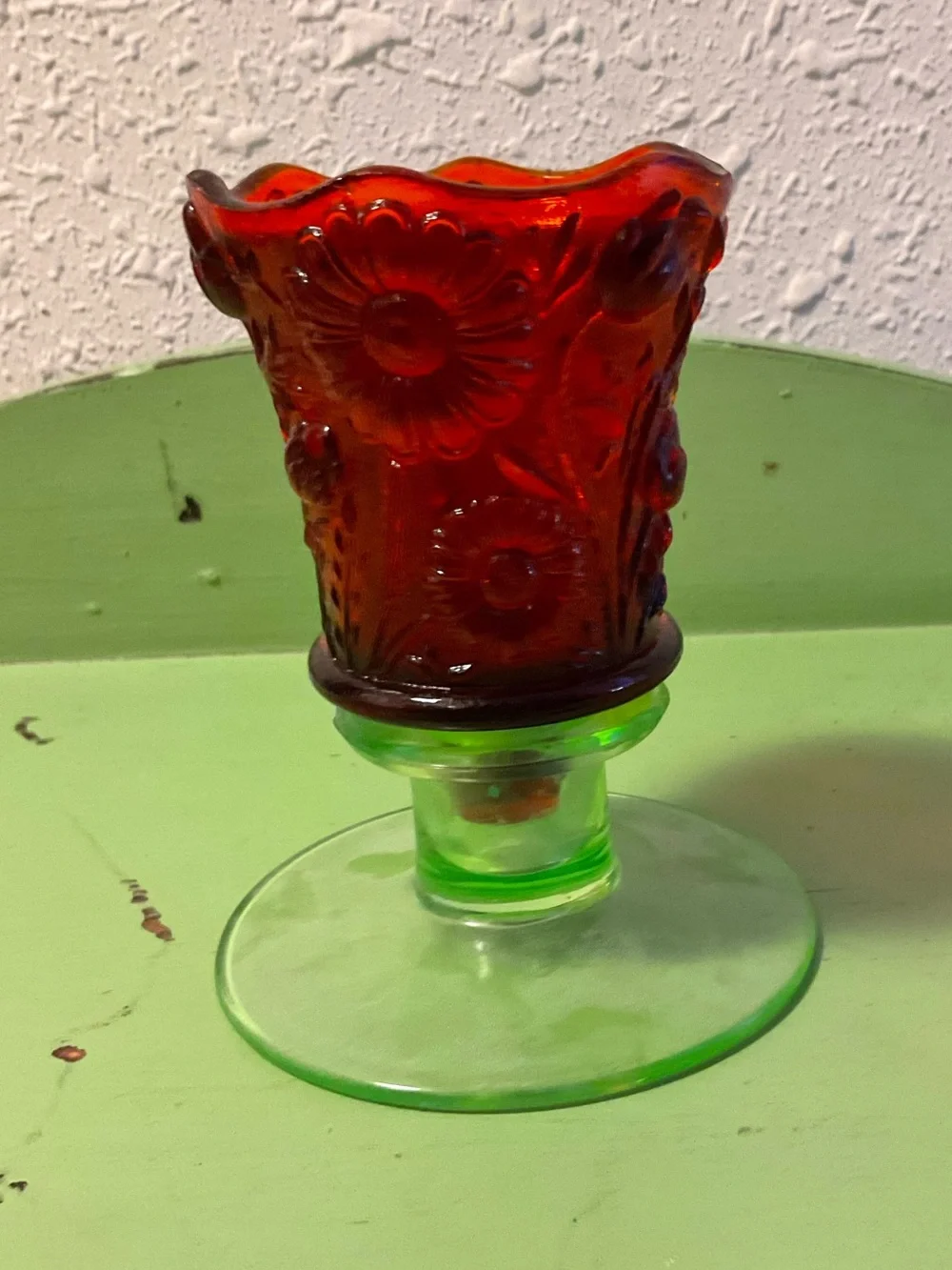 GLOWS Vintage  Red Amberina Peg Votive Holder Textured floral pattern